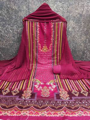 Pink cotton embroidered unstitched dressmaterials 3 pair top bottom dupptaa 2