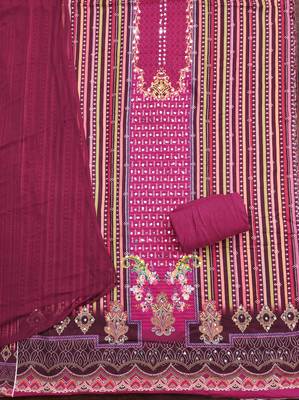 Pink cotton embroidered unstitched dressmaterials 3 pair top bottom dupptaa 3