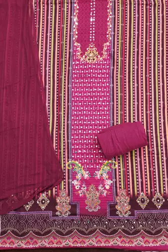 pink cotton blend embroidered unstitched dressmaterials 3 pair top bottom dupptaa