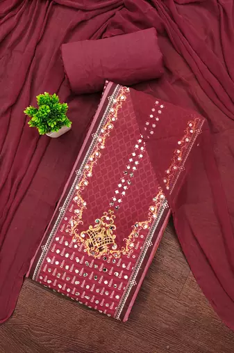 red cotton blend embroidered unstitched dressmaterials 3 pair top bottom dupptaa