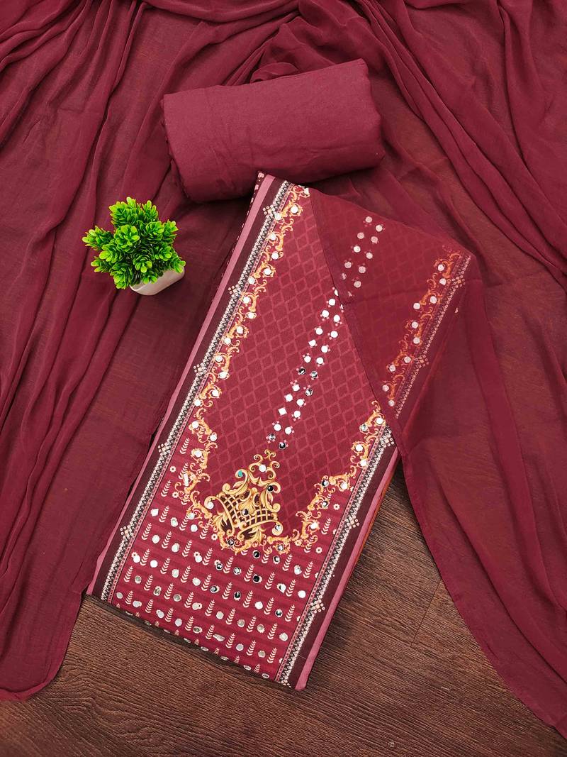 Red cotton embroidered unstitched dressmaterials 3 pair top bottom dupptaa