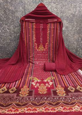 Red cotton embroidered unstitched dressmaterials 3 pair top bottom dupptaa 2