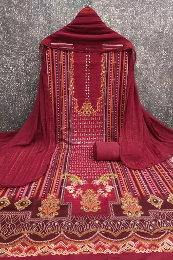 red cotton blend embroidered unstitched dressmaterials 3 pair top bottom dupptaa