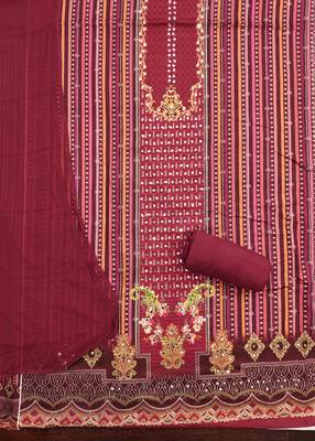 Red cotton embroidered unstitched dressmaterials 3 pair top bottom dupptaa 3