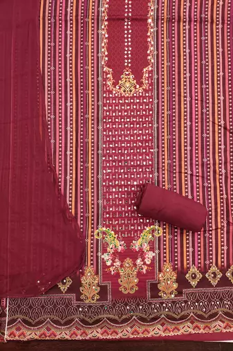red cotton blend embroidered unstitched dressmaterials 3 pair top bottom dupptaa