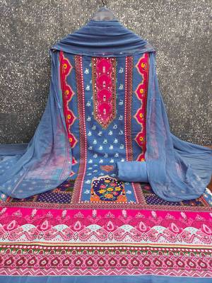 Blue cotton embroidered unstitched dressmaterials 3 pair top bottom dupptaa 1