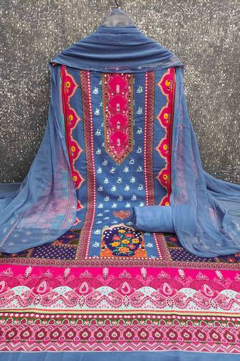 blue cotton blend embroidered unstitched dressmaterials 3 pair top bottom dupptaa