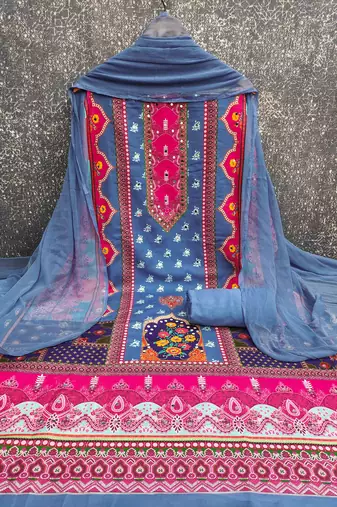 blue cotton blend embroidered unstitched dressmaterials 3 pair top bottom dupptaa