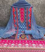 Blue cotton embroidered unstitched dressmaterials 3 pair top bottom dupptaa