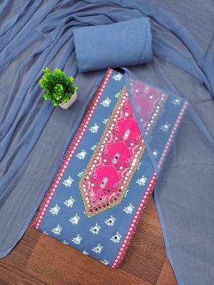 Blue cotton embroidered unstitched dressmaterials 3 pair top bottom dupptaa 3