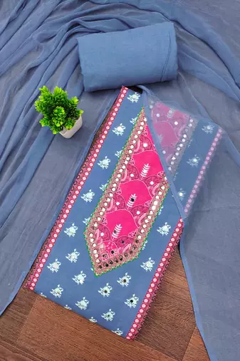 blue cotton blend embroidered unstitched dressmaterials 3 pair top bottom dupptaa