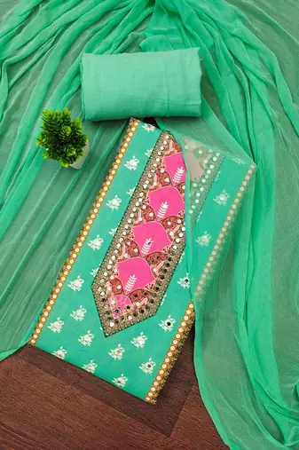 green cotton blend embroidered unstitched dressmaterials 3 pair top bottom dupptaa