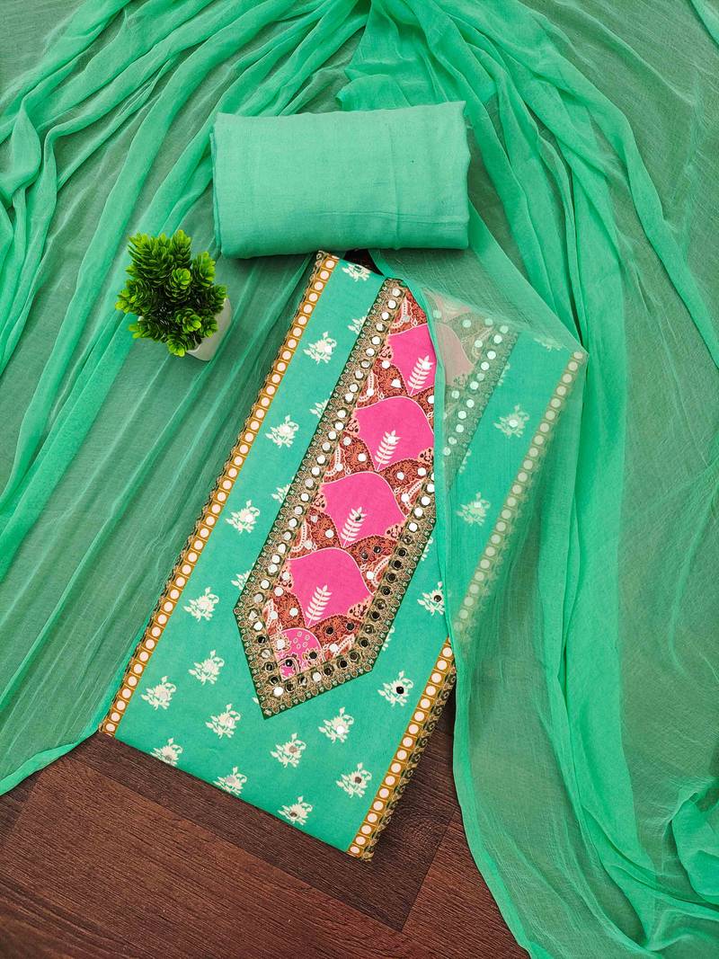 Green cotton embroidered unstitched dressmaterials 3 pair top bottom dupptaa