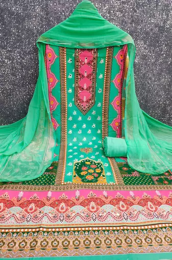 green cotton blend embroidered unstitched dressmaterials 3 pair top bottom dupptaa