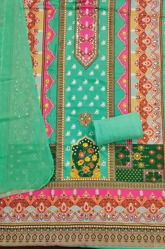 green cotton blend embroidered unstitched dressmaterials 3 pair top bottom dupptaa