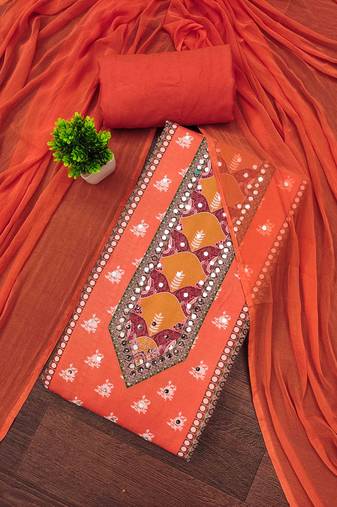 orange cotton blend embroidered unstitched dressmaterials 3 pair top bottom dupptaa