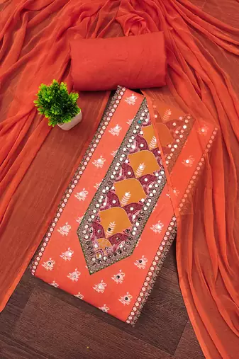 orange cotton blend embroidered unstitched dressmaterials 3 pair top bottom dupptaa