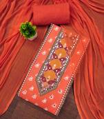 Orange cotton embroidered unstitched dressmaterials 3 pair top bottom dupptaa