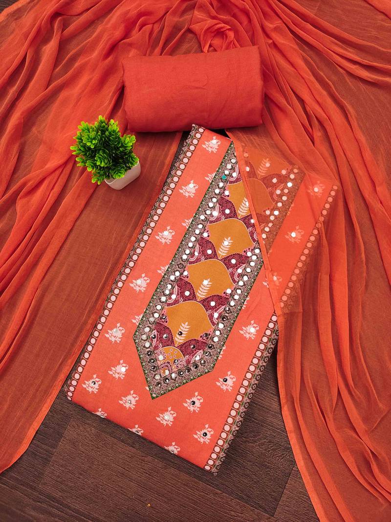Orange cotton embroidered unstitched dressmaterials 3 pair top bottom dupptaa