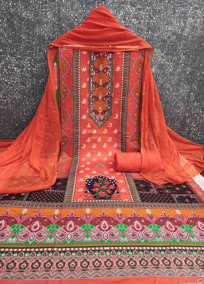Orange cotton embroidered unstitched dressmaterials 3 pair top bottom dupptaa 2