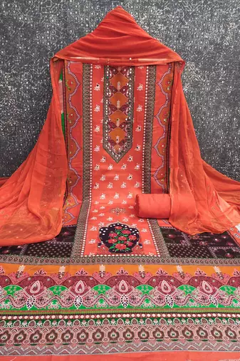 orange cotton blend embroidered unstitched dressmaterials 3 pair top bottom dupptaa