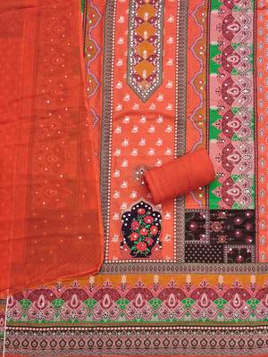 Orange cotton embroidered unstitched dressmaterials 3 pair top bottom dupptaa 3