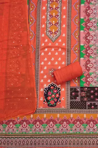 orange cotton blend embroidered unstitched dressmaterials 3 pair top bottom dupptaa