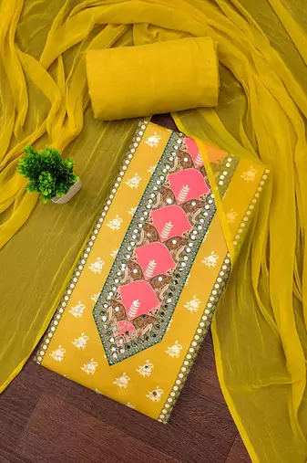 yellow cotton blend embroidered unstitched dressmaterials 3 pair top bottom dupptaa