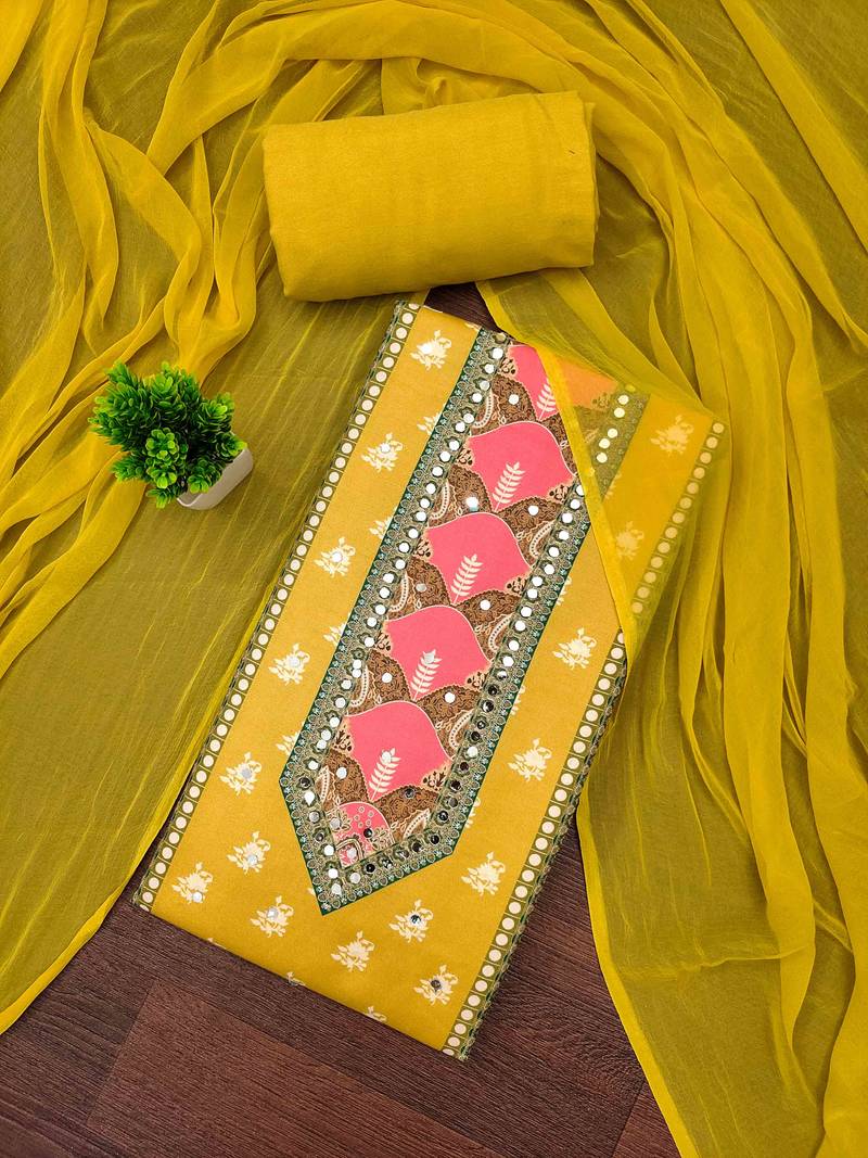 Yellow cotton embroidered unstitched dressmaterials 3 pair top bottom dupptaa
