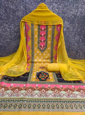Yellow cotton embroidered unstitched dressmaterials 3 pair top bottom dupptaa 2