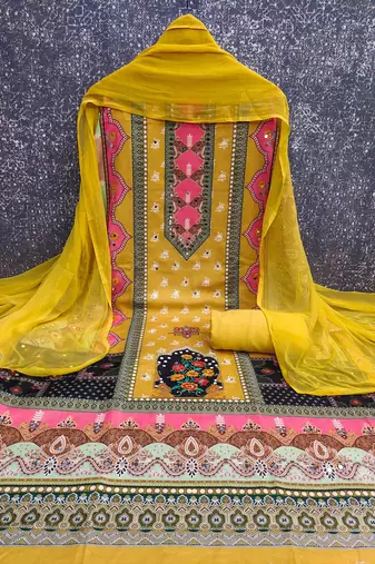 yellow cotton blend embroidered unstitched dressmaterials 3 pair top bottom dupptaa
