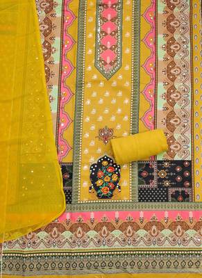 Yellow cotton embroidered unstitched dressmaterials 3 pair top bottom dupptaa 3