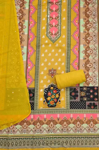 yellow cotton blend embroidered unstitched dressmaterials 3 pair top bottom dupptaa