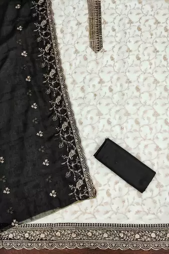 black georgette embroidered unstitched dressmaterials 3 pair top bottom dupptaa
