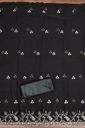 black georgette embroidered unstitched dressmaterials 3 pair top bottom dupptaa