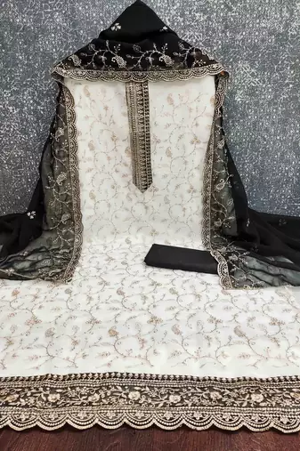 black georgette embroidered unstitched dressmaterials 3 pair top bottom dupptaa