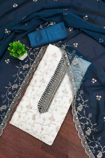 blue georgette embroidered unstitched dressmaterials 3 pair top bottom dupptaa
