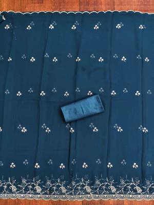 Blue georgette embroidered unstitched dressmaterials 3 pair top bottom dupptaa 2