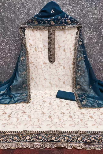 blue georgette embroidered unstitched dressmaterials 3 pair top bottom dupptaa