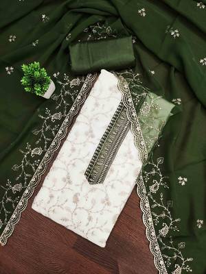 Green georgette embroidered unstitched dressmaterials 3 pair top bottom dupptaa 1