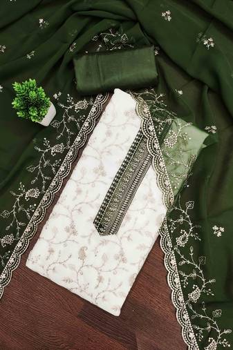 green georgette embroidered unstitched dressmaterials 3 pair top bottom dupptaa