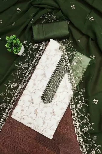 green georgette embroidered unstitched dressmaterials 3 pair top bottom dupptaa