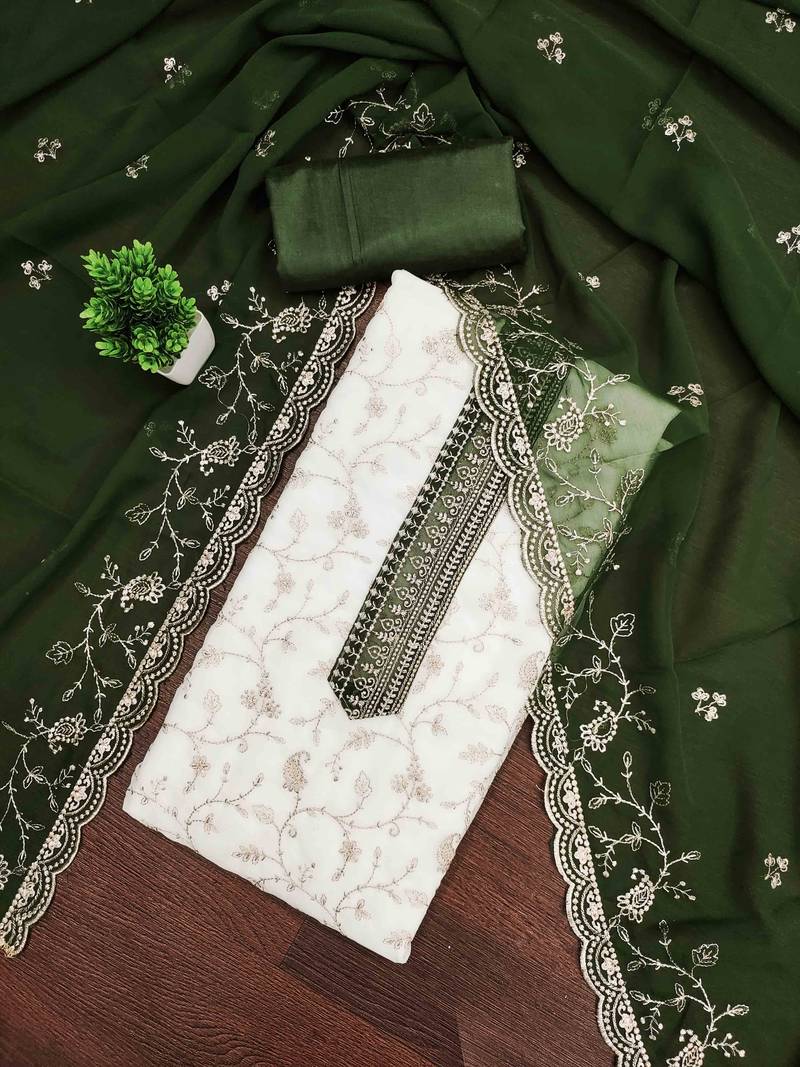 Green georgette embroidered unstitched dressmaterials 3 pair top bottom dupptaa