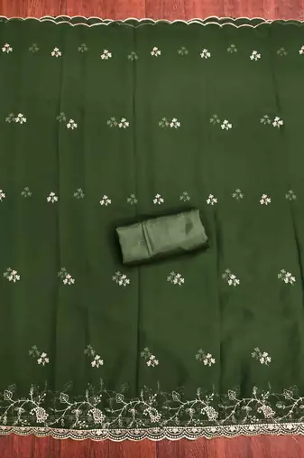 green georgette embroidered unstitched dressmaterials 3 pair top bottom dupptaa