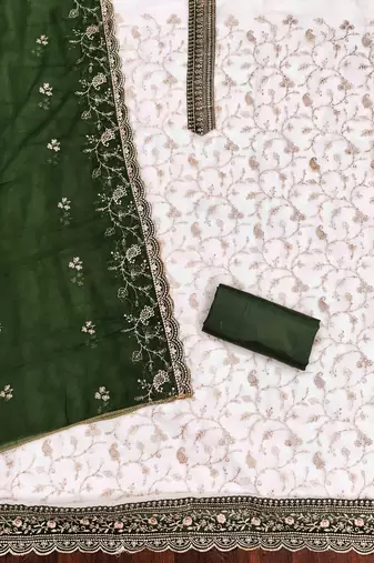 green georgette embroidered unstitched dressmaterials 3 pair top bottom dupptaa