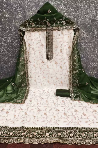 green georgette embroidered unstitched dressmaterials 3 pair top bottom dupptaa