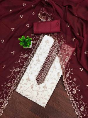 Maroon georgette embroidered unstitched dressmaterials 3 pair top bottom dupptaa 1