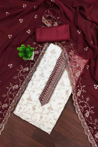 maroon georgette embroidered unstitched dressmaterials 3 pair top bottom dupptaa
