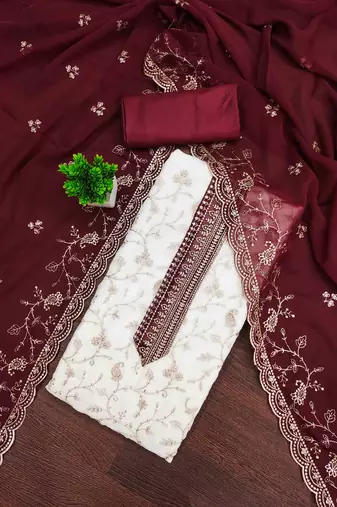maroon georgette embroidered unstitched dressmaterials 3 pair top bottom dupptaa