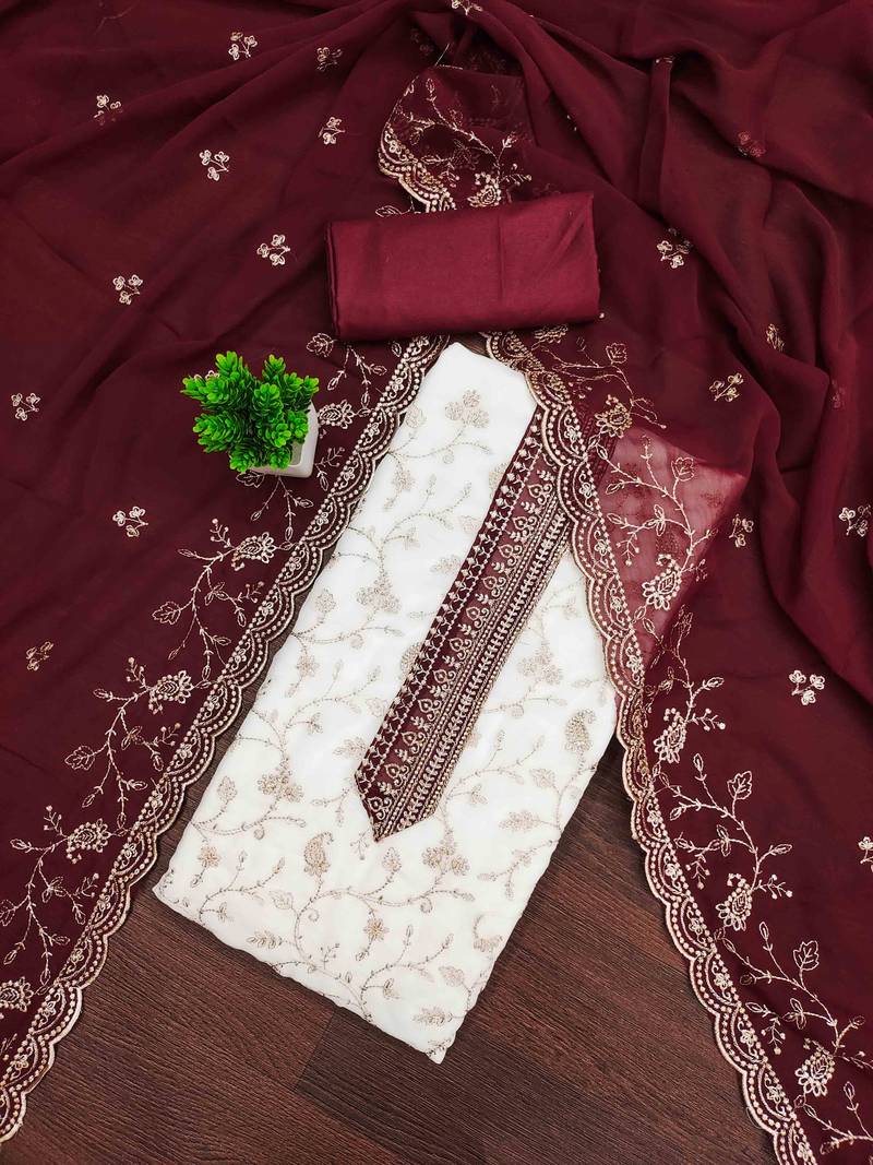 Maroon georgette embroidered unstitched dressmaterials 3 pair top bottom dupptaa